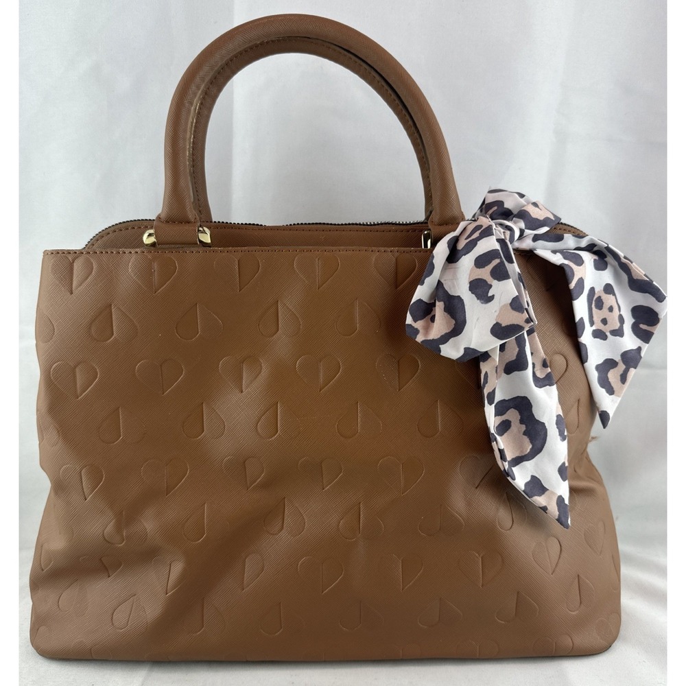 Betsey Johnson Heart Embossed Brown Triple Compartment Large Satchel Purse Tote - Picture 3 of 16